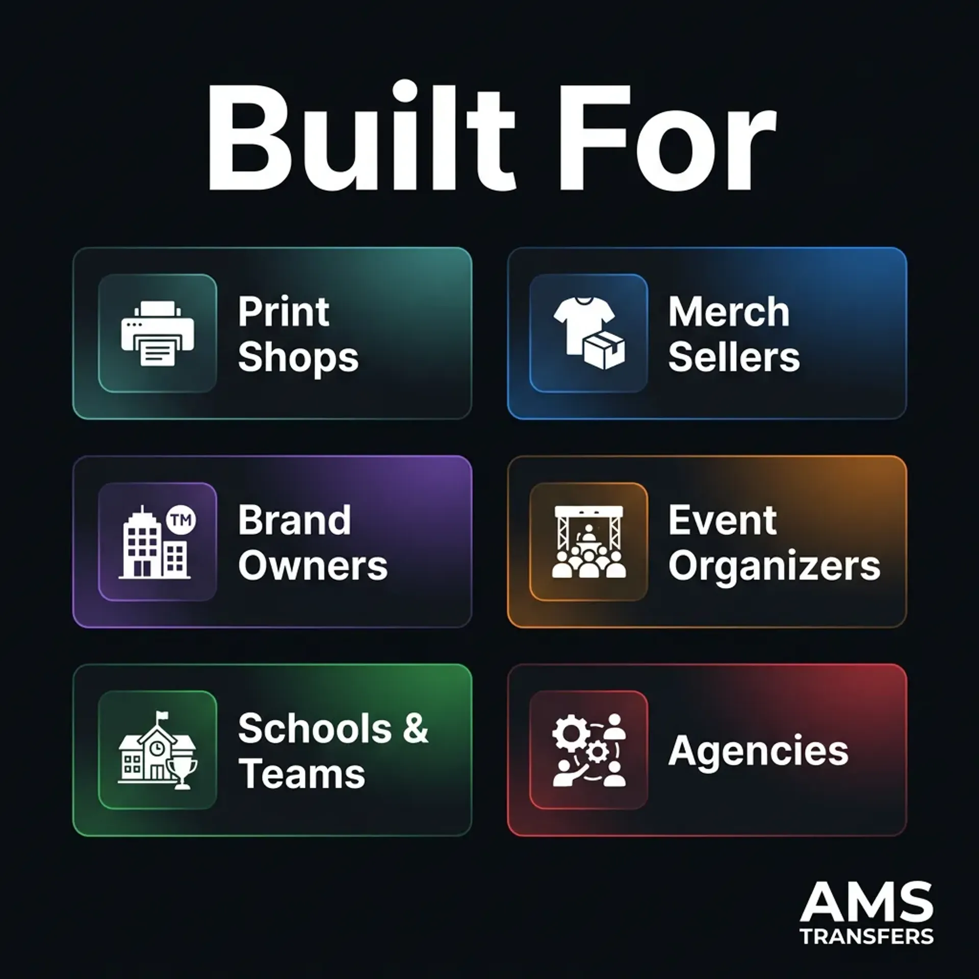 Built for print shops, merch sellers, brand owners, event organizers, schools and teams, and agencies