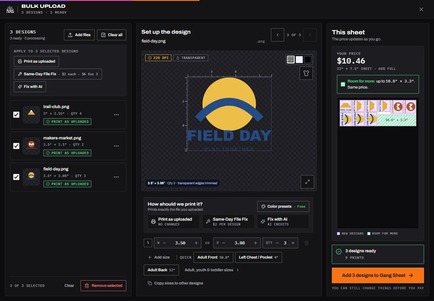 Three uploaded designs with individual print sizes and quantities, Print as uploaded selected, and a gang sheet estimate.