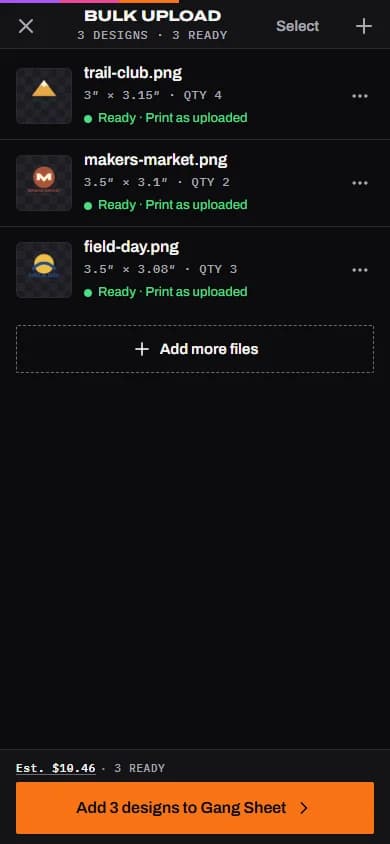 Mobile bulk upload review listing three ready designs with print sizes, quantities, and Add to Gang Sheet.