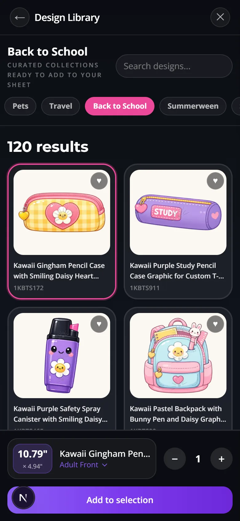 Design Library on a phone, showing current categories and Back to School designs