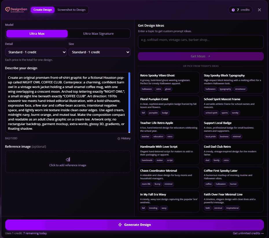 Create Design form with a Night Owl Coffee Club brief, Detail and Size controls, and displayed credits