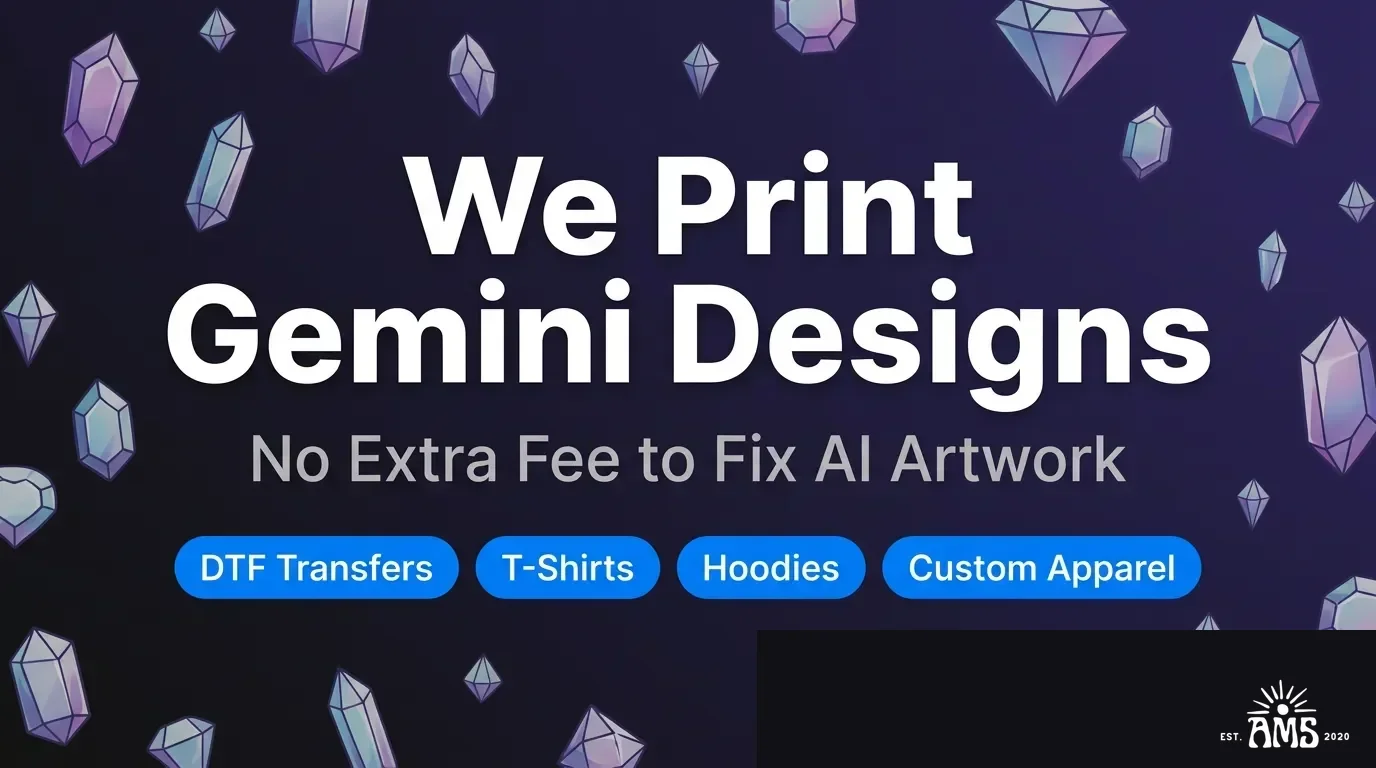 We print Gemini designs — DTF transfers, t-shirts, hoodies, and custom apparel