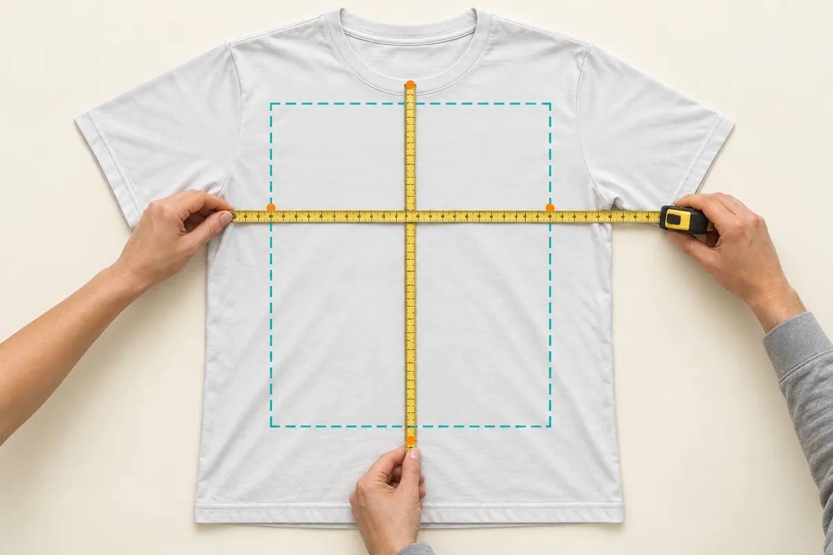 Measure an unobstructed rectangle where the artwork will sit. Chest width alone does not give you the printable area.